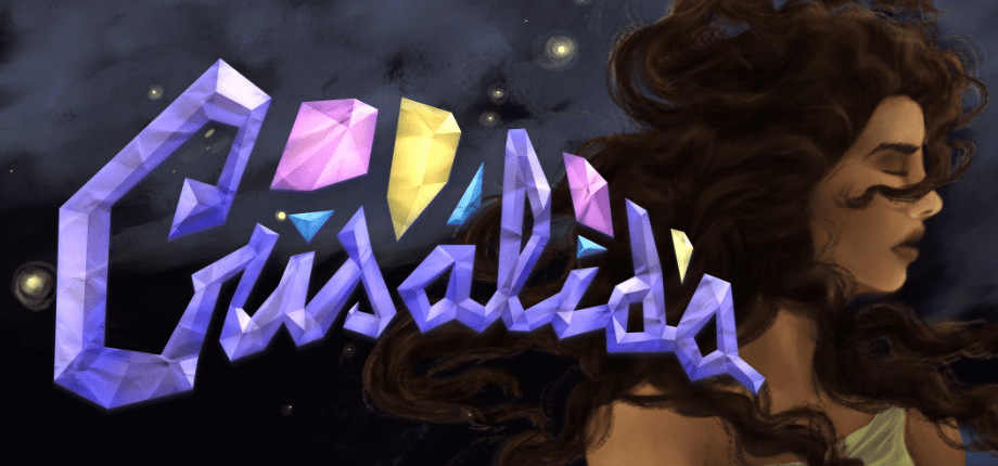 Crisálida: the title in lilac crystals over a night sky, beside a woman with closed eyes and windswept hair.